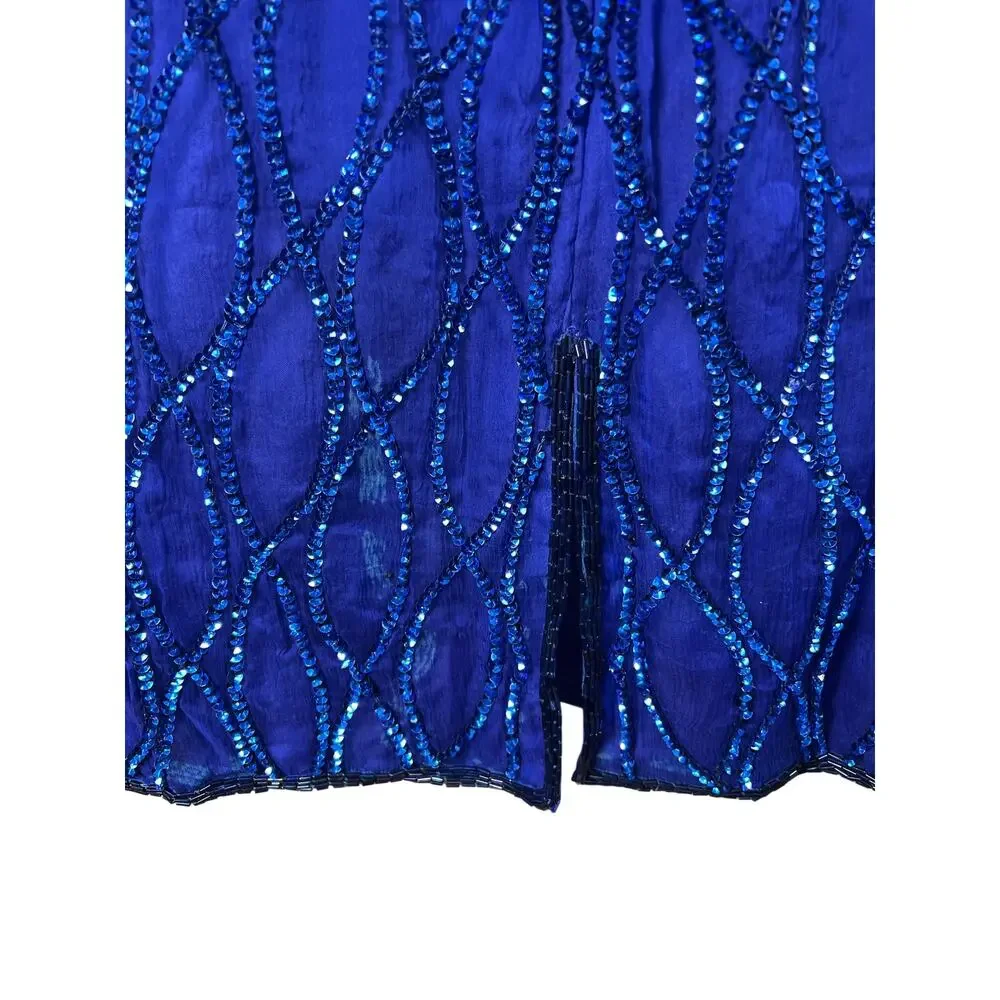 Vintage JMD New York Sapphire Blue Silk Beaded Sequin Dress Size XL 80s 90s Glam